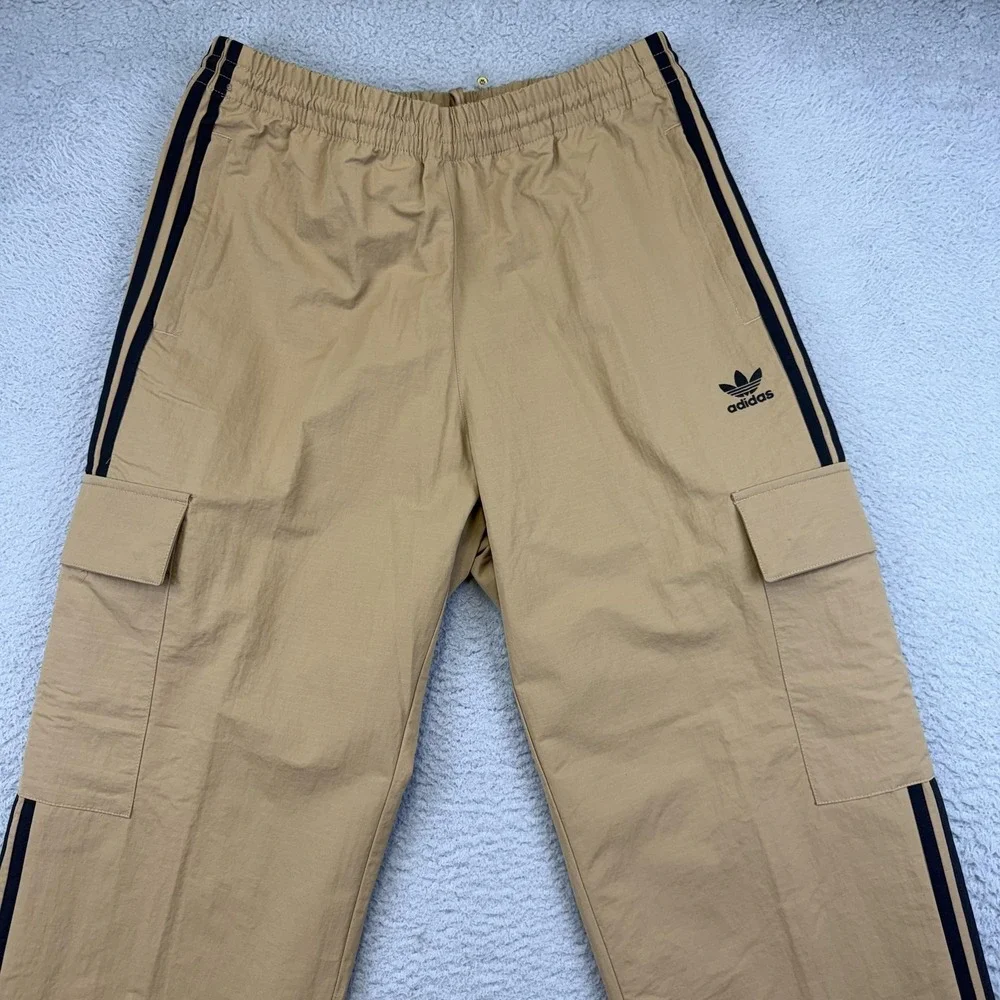 Adidas 3S Cargo Pants‎ Mens Medium Beige Originals Nylon Track Stripe Pockets